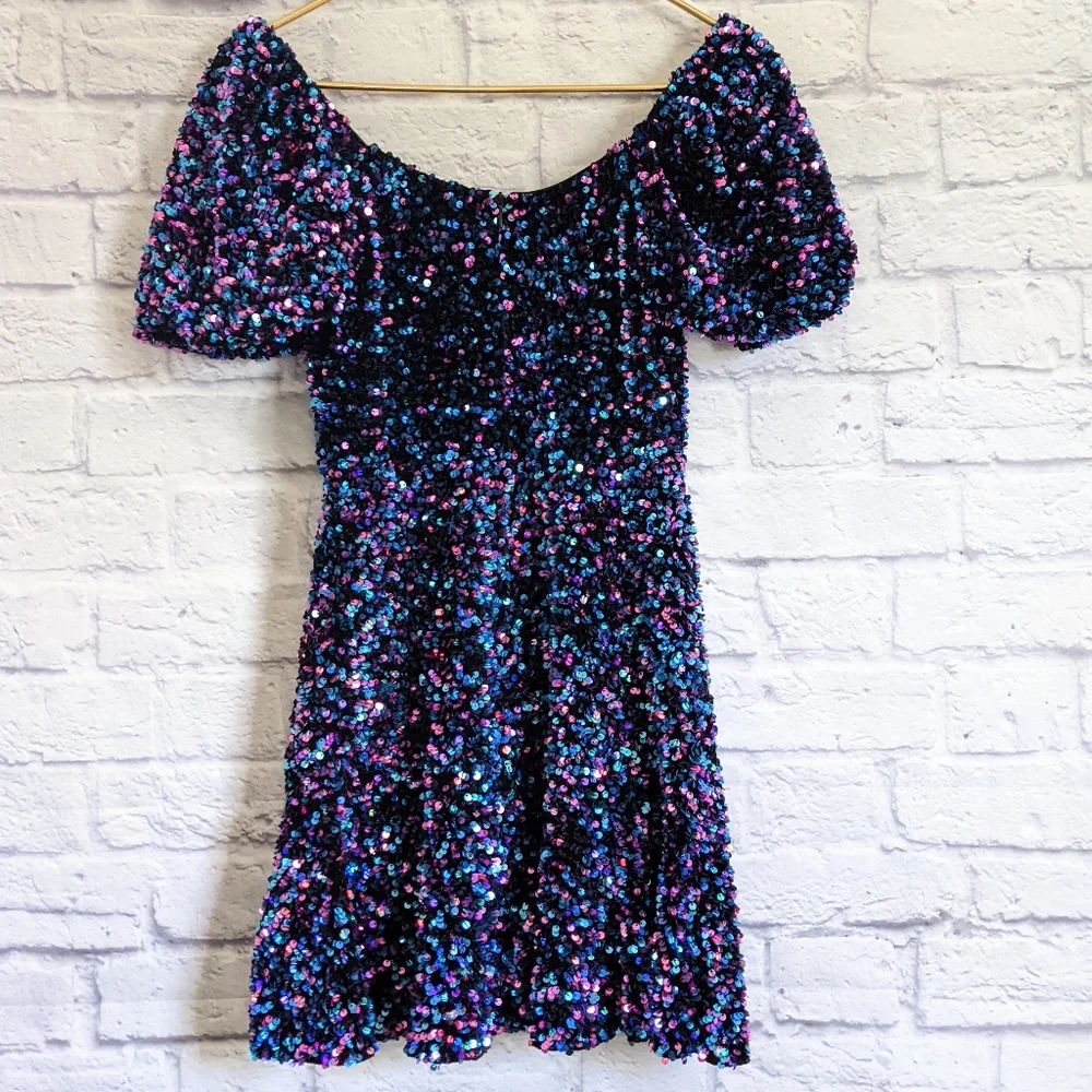 Zara Purple Blue Sequin Puff Sleeve Cocktail Dress - Picture 7 of 8